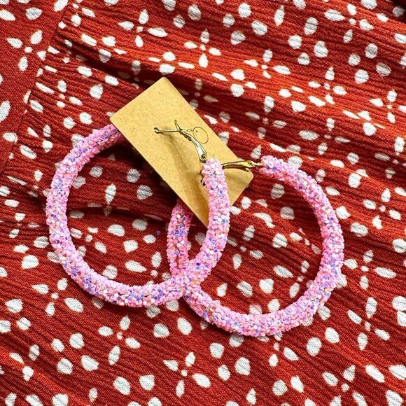 unbranded Jewelry - Light Pink Glitter Hoop Earrings New